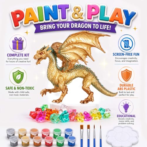 Image of SOLDAY Dragon Toys Painting Kits for Kids Arts and Crafts Ages 3 6 5 7 9 12 Boys Girls to Make Your Own Paintable Dragon Figurines Metal Color Party Supplies - 2 Dragons