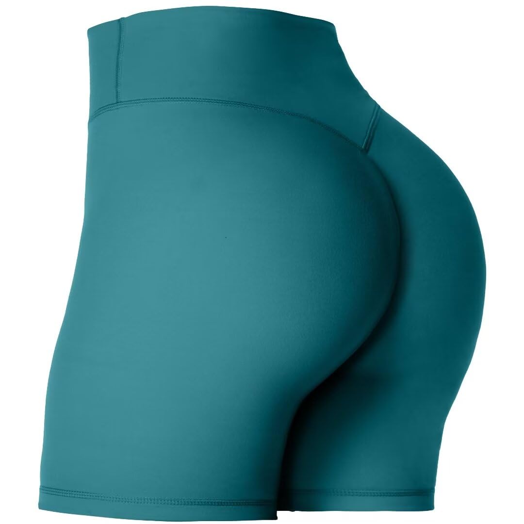 Sunzel Women's Invisible Butt Scrunch Shorts, High Waisted Biker Shorts, Gym Workout Yoga Running Shorts with Tummy Control 6" Inseam Deep Lagoon Medium