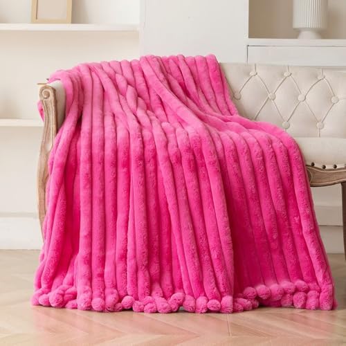 Hot Pink Faux Fur Throw Blanket for Couch, Fuzzy Cozy Soft Warm Plush Striped Throw Blanket, Christmas Decorative Fluffy Winter Blanket for Sofa Bed Living Room Home Decor, 50"x60"