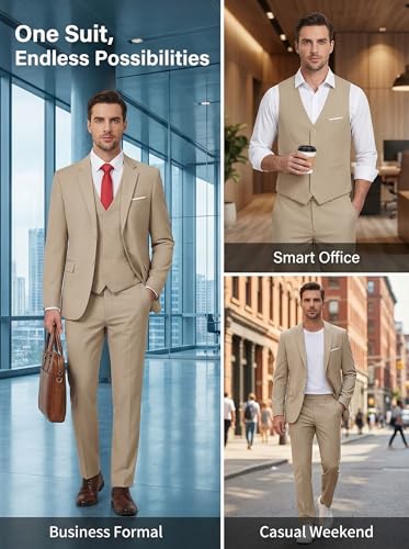 Image of Furuyal Men's Suits 3 Piece Slim Fit Suit Set,Two Button Wedding Business Tuxedo Solid Blazer Jacket Vest Pants with Tie