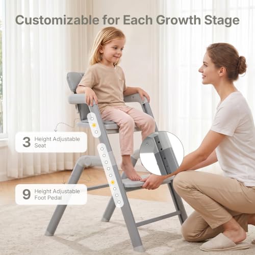 Image of Ezebaby High Chair for Babies Toddlers: Foldable Adjustable High Chairs with Removable Large Tray Easy-Clean Cushion Design Metal Baby High Chair(Grey)