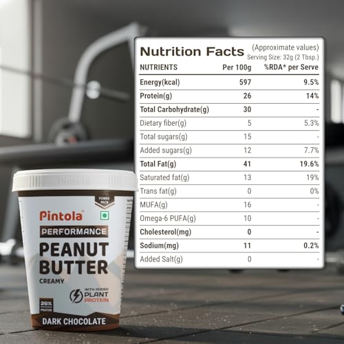 Image of Pintola Dark Chocolate Performance Series Peanut Butter (Creamy) - 510g | Added Plant Protein | 26% Protein | High Protein & Source of Fiber