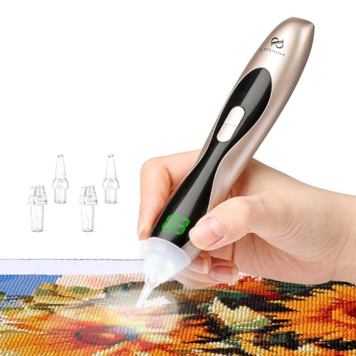 PP OPOUNT Elektrischer Diamond Painting Stift Gold mit LED Licht & Display 3 Saugstufen Kabellos & Wiederaufladbar Leiser Vacuum Stift Ergonomisches Diamond Painting Zubehör für Erwachsene