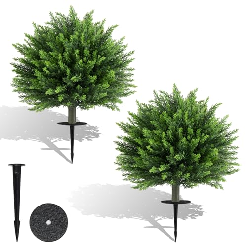 COSTWAY Set of 2 Artificial Topiary Ball Trees, Faux Shrub Bushes with Ground Spikes, Indoor Outdoor Sun-proof Fake Floral Greenery Topiary Plants for Porch, Garden, Yard (57cm, Cypress Tree)