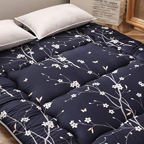Image of MAXYOYO Japanese Floor Mattress Navy Floral Printed Futon Mattress Foldable Floor Cushion Roll Up Camping Mattress Floor Lounger Queen Size Mattress
