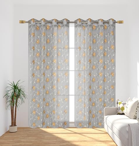 Image of Homefab India Embroidery Floral Net Transparent Sheer Curtain - 9X4 Feet, Long Door Curtains, Grey, Pack of 1 Pc