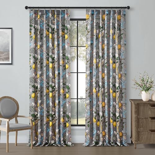 Image of Floral Grey Pinch Pleated Blackout Curtains,Mid Century Botanical Printed Curtains 96 Inches Long for Living Room Bedroom,Vintage Floral Lemon Hummingbird Colorful Drapes, 2 Panels