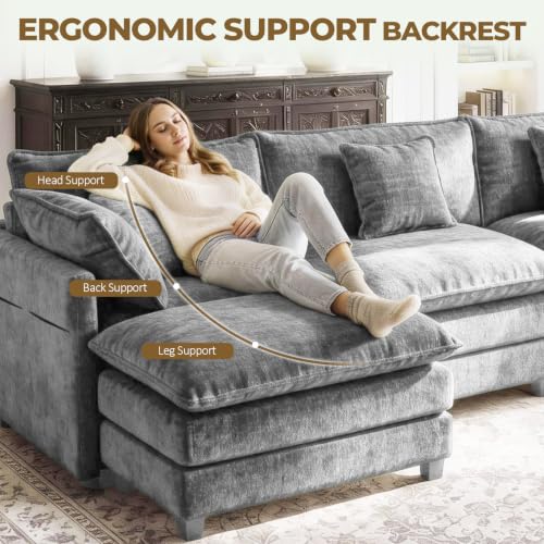 Image of 112 inch L-Shape Modular Sofa with 1 Ottomans, Deep Seat Cloud Convertible Sleeper, 3 Throw 2 Arm Pillows, Cozy Upholstered Furniture for Living Room Apartment, Dark Grey