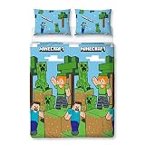 Minecraft Parure de lit double officielle avec housse de couette réversible et taies d'oreiller assorties Bleu