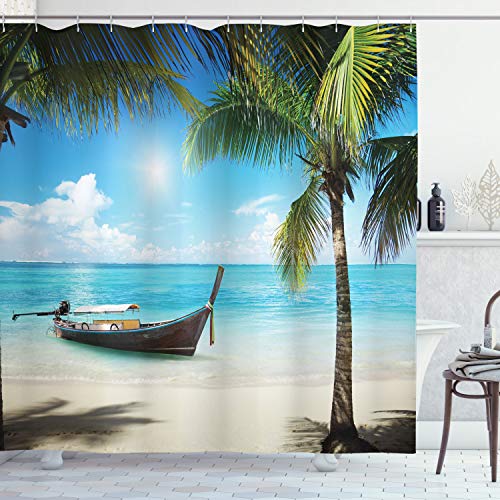 ABAKUHAUS Nautical Shower Curtain, Small Boat in the Atlantic Ocean Dominican Sunny Sea and Palm Trees Image