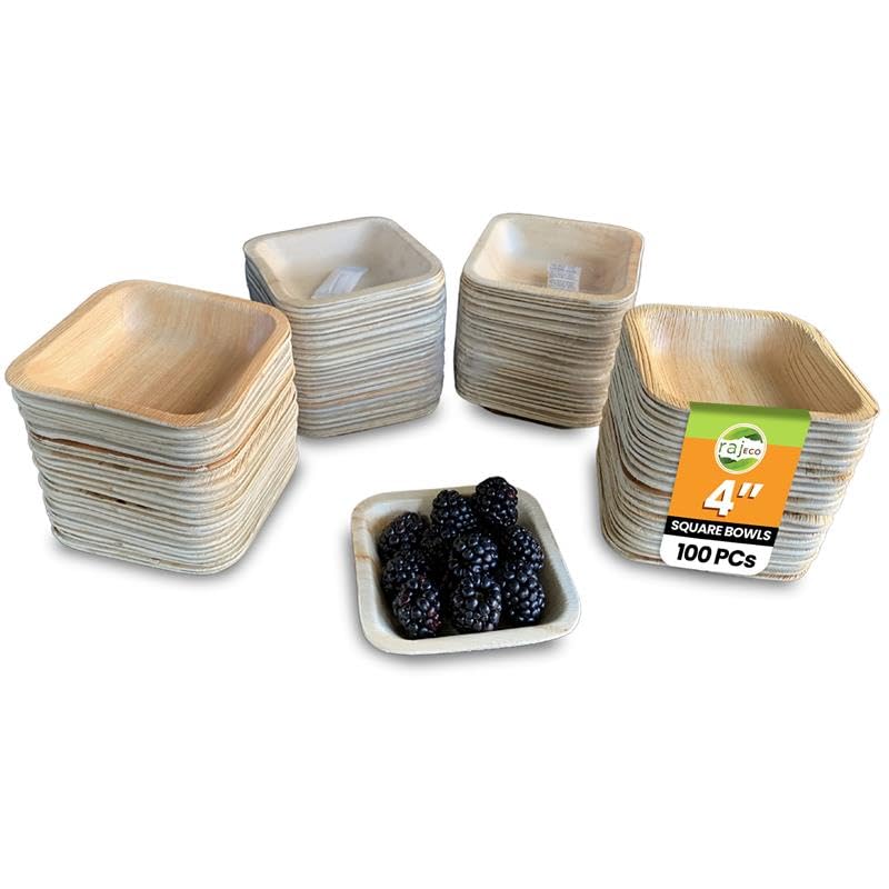 Raj Disposable Palm Leaf Bowls (100 Count, 4' Square Bowls) Strong Bowl Like Bamboo Party Bowl...