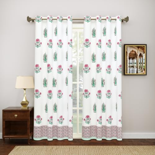 Image of BLOCKS OF INDIA Blackout Hand Block Printed Cotton Daylight Curtains with Eyelets(Set of 2 Curtains) (Block 12, 7 Feet /Door), Pink, White
