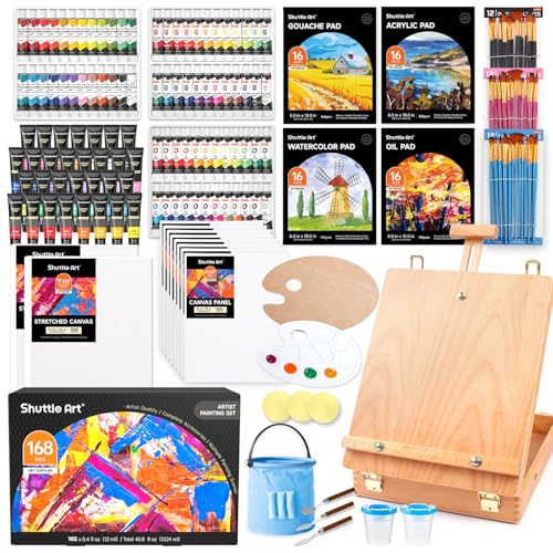 Shuttle Art 168 Pcs Artist Painting Kit, Deluxe Art Kit with Paint, Wooden Easel, Canvases, Paper Pads, Brushes and Other Art Supplies for Adults, Kid