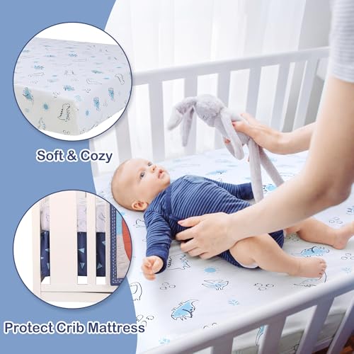 Image of Dinosaur Crib Bedding Set for Boys 4pcs,Baby Nursery Bedding Crib Set Including Quilt,Skirt,Sheet, Blanket.Blue Crib Sets