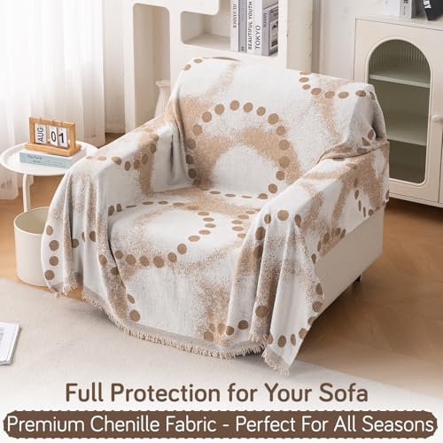 Image of HOKIPO 320 GSM Chenille Sofa Throw Blanket for 1 Seater Sofa - Printed All-Season Sofa Cover, 'Serene Abode Series' Latte Dotted Wave (180x180 cm) (AR-6631-D3)