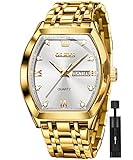 OLEVS Mens Gold Watches Business Luxury Dress Diamond Tonneau Men Wrist Watch Stainless Steel Waterproof Dual Date Watch Gift