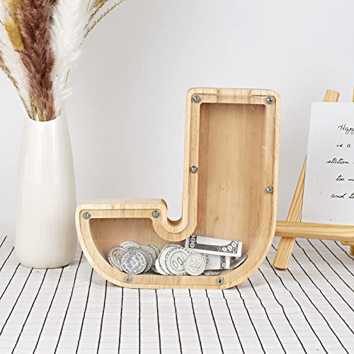 Image of CDUHB Personalized Wooden Letter Piggy Bank Alphabet Letter Decorative Sign Coin Bank Perfect Decor,Unique Gift, Keepsake, or Savings Money Box for Kids with Sticker for DIY (J)