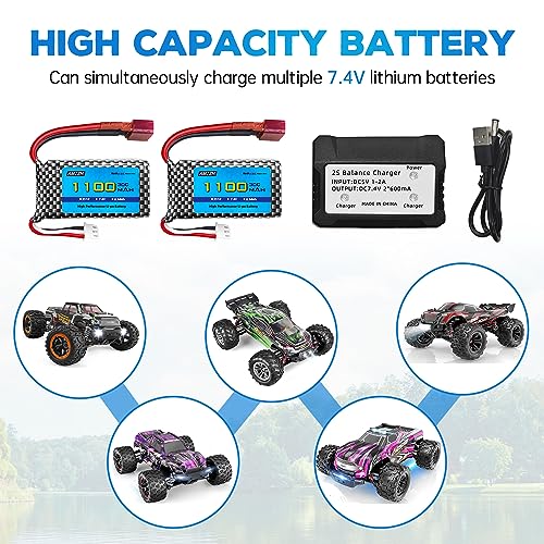 AMZZN 2PCS 7.4V 2S 1100mAh 30C T-Plug Lipo Battery with 2-in-1 Charger for 18859 18858 16889 300E 302E HS181 2845 Q903 Q901 1/10,1/12,1/16,1/18 RC Cars,Trucks - Image 2