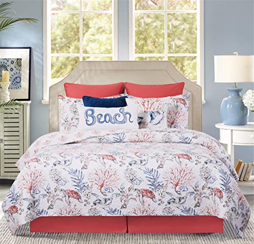 C&F Home Tranquil Tides 3-Piece Full/Queen Quilt Set With 2 Standard Shams Coastal Sea Turtle Ocean Beach Seaweed Coral Blue Red Salmon White Reversible Pink Coral Pattern Quilted Full/Queen 3 Piece - Image 2