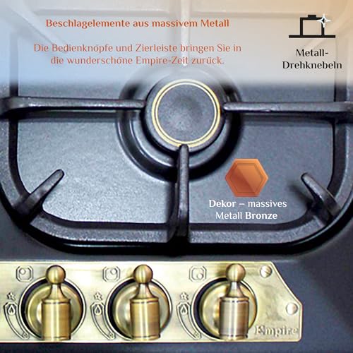 Foto von Kaiser Empire Einbau Gasherd KG 6325 Em Turbo Exklusives Gas Kochfeld 60cm Autark Schwarz, mit 4 hochwertigen Brennern inklusive leistungsstarkem WOK Brenner (3,8 kW) | Erdgas und Propangas