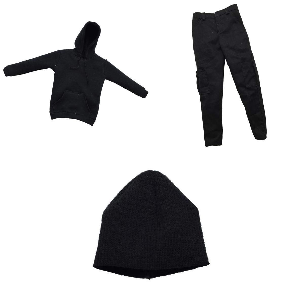 1/6 Mens Black Long Hoodie Sweatshirt Trousers Cap for 12'' Action Figure-image-42