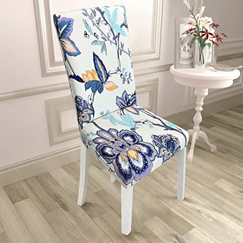 Image of House of Quirk Elastic Chair Cover Stretch Removable Washable Short Dining Chair Cover Protector Seat Slipcover (Pack of 4, Blue Butterfly)