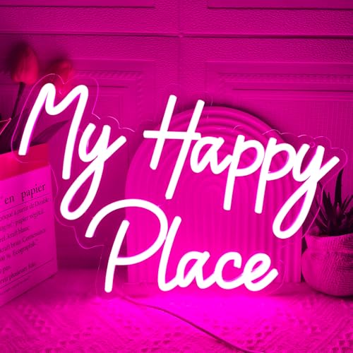 My Happy Place - Insegna luminosa al neon a LED per decorazione da parete, intensità variabile, pannello luminoso artistico per camera da letto, feste e matrimoni