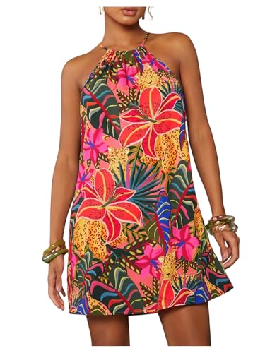 SweatyRocks Women's Tropical Print Halter Dresses Sleeveless Holiday Summer Mini Dress