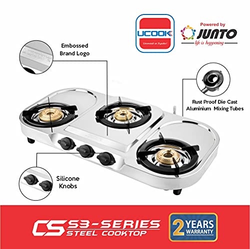 Image of UCOOK JUNTO Manual Premier Xtra Large 3B Series 3 Burners Gas Stove Stainless Steel Cooktop, Steel Grey