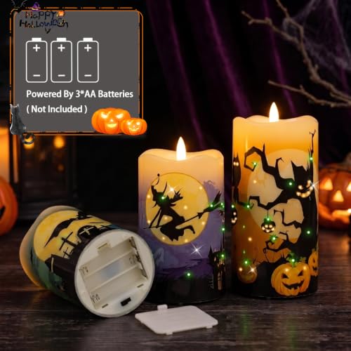 Image of Halloween Flameless Candles, Battery Operated Candles with Remote | Fiber Optic Flameless Pillar Candles Set Of 3 For Halloween Decorations Indoor