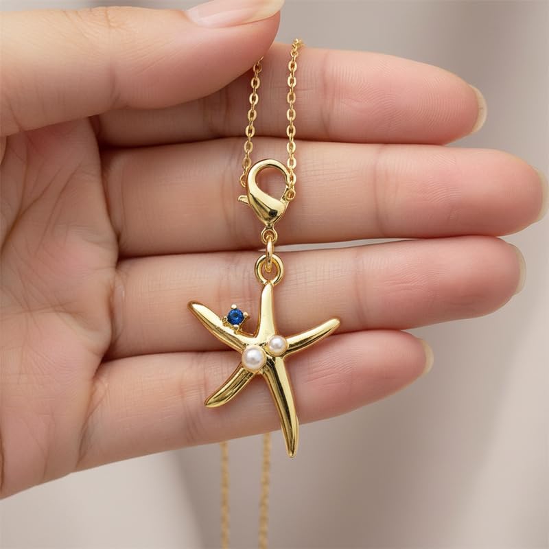 Collar con colgante de estrella de mar de plata de ley 925 chapado en oro con perla de agua dulce de 24x18 mm y cadena de cable de 45 cm (18 pulgadas), joyería hecha a mano |WW_SCA_0122