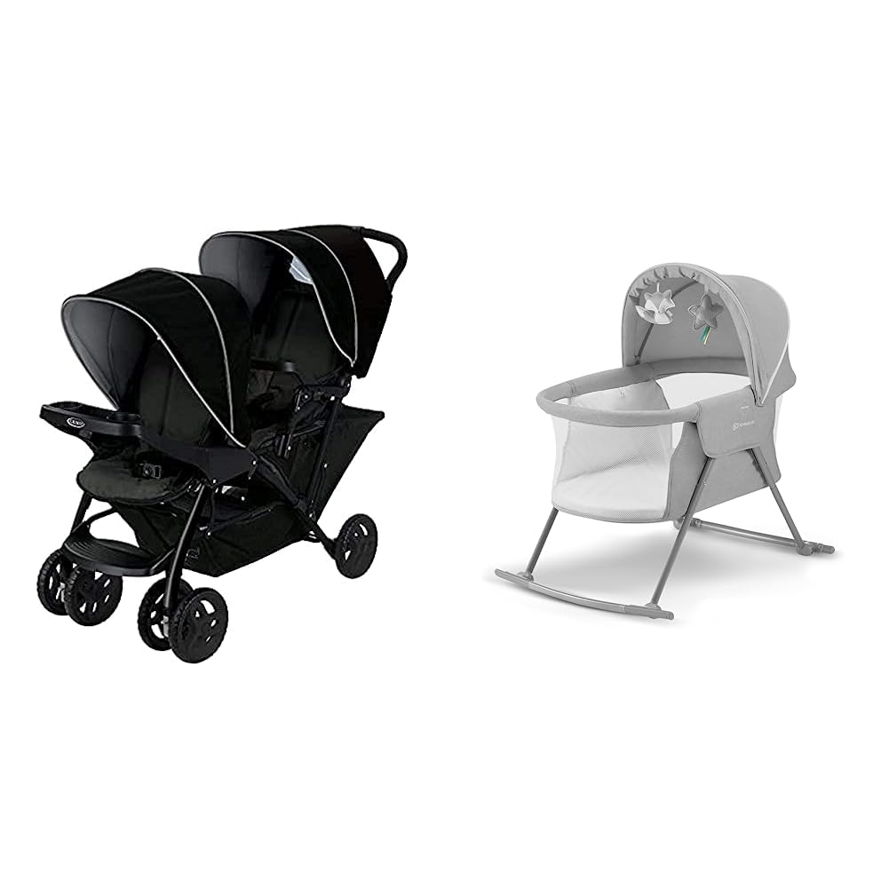 Graco Stadio Duo Click Connetti Tandem Doppio Passeggino, Nero/Grigio - 13790 g & Kinderkraft Lettino da Campeggio LOVI, Culla a Dondolo, Cappottina, Materasso, 0-15 Kg, Grigio