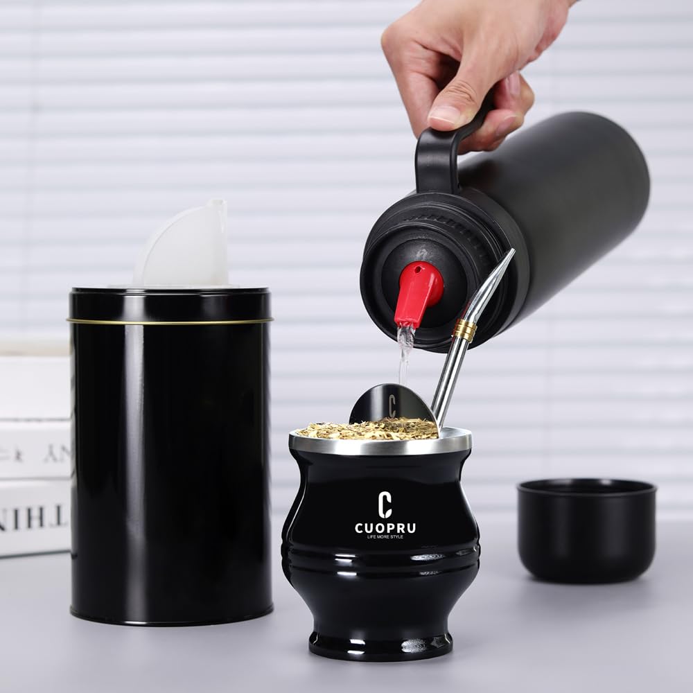 CUOPRU Butelka termoizolacyjna do Yerba Mate, kawy, herbaty, wody, 970 ml butelka termiczna ze stali nierdzewnej, szeroki otwór, utrzymuje napoje ciepłe/zimne przez 24 godziny, matowa czerń