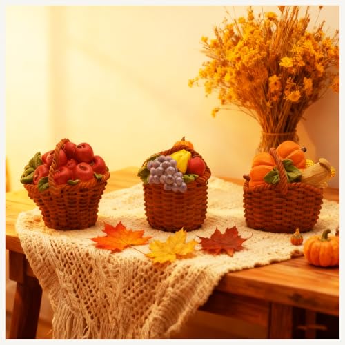 Thanksgiving Harvest Basket Figurines Set of 3 – Resin Mini Fruit Baskets with Pumpkin,...