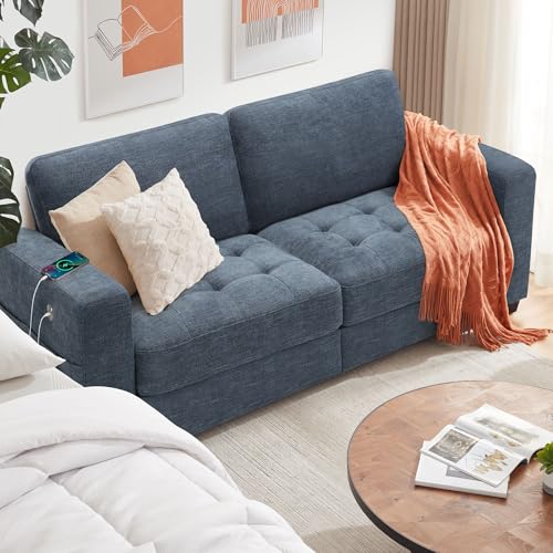 Image of Ihanherry 2-Seater Couch with Extra Large Sofa Seat Width & Depth, USB /Type-C Charging Port & Side Pocket, Modern Sofa for Living Room, Removable Medium Firm Cushion, Breathable Chenille(89inch, Blue)