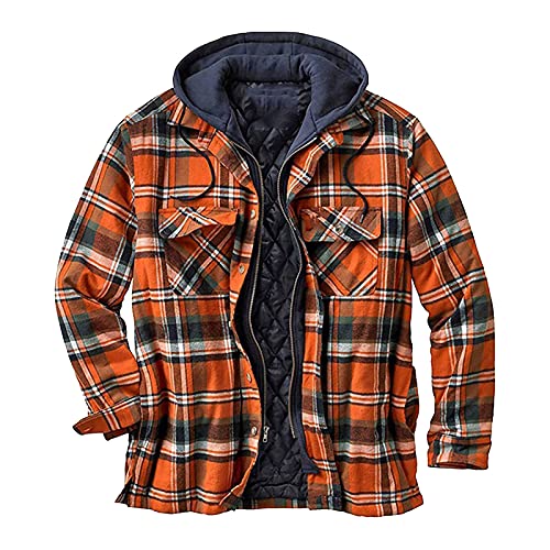 Men's Hooded Shirt Jacket Quilted Lined Long Sleeve Plaid Button Up Jackets Winter Shirt Jackets for Men Orange