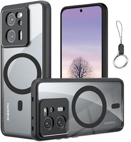 Xiaomi 13T/13T Pro 用 ケース 透明のデザイン Magsafe対応 マグネット搭載 クリアブラック 米軍MIL規格取得 ハイブリット TPUバンパー PCマイクロドット加工 耐衝撃 黄ばみなし 指紋防止 擦り傷防止-クリアブラック