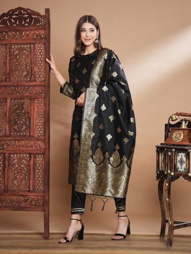 Image of VredeVogel Women's Cotton Silk Jacquard, Banarasi Silk Kurta Pant With Dupatta Set