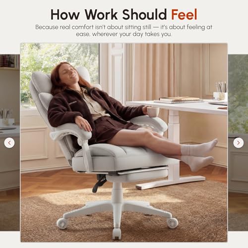 Image of Dowinx Big and Tall Office Chair with Pocket Spring Cushion,High Back Computer Gaming Chairs with Linkage Armrests,Executive Desk Chairs with Footrest,Cloth-White