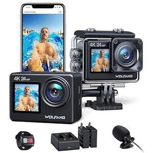 WOLFANG GA200 Action Cam 4K 24MP Unterwasserkamera WiFi 40M wasserdichte EIS Bildstabilisator Touchscreen Helmkamera 170° Weitwinkel Camcorder (Ladegerät, Fernbedienung, 2 Akkus und Zubehör Kit)