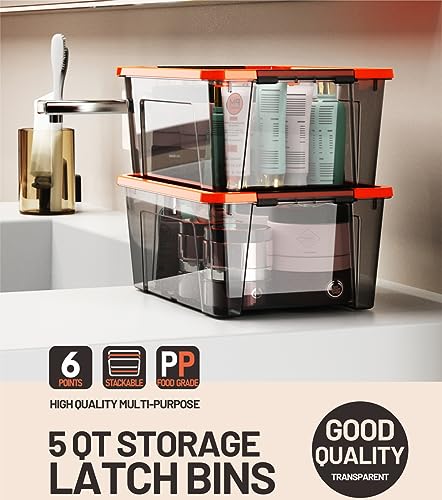 Image of WYT 5-Quart Small Storage Container Bin with Orange Secure Lid and Black Clear Latch Buckles, Durable Plastic Stackable Nestable Organizin, 6-Pack