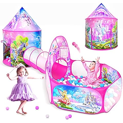 3 in 1 Kids Play Tent for Toddler with Play Tunnel+Baby Ball Pit+Castle Tent, Pop Up Unicorn Kids Playhouse for Boys and Girls Gift, Collapsible Children Play Tent Toy Indoor and Outdoor Play Games Cover