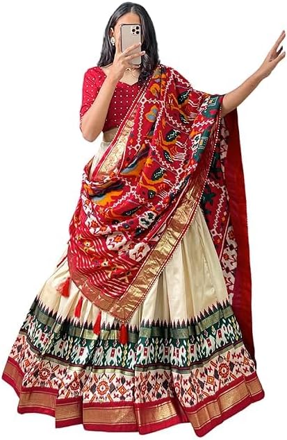 YanaFab Women's Tussar Silk With Patola Print And Foil Work Lehenga choli