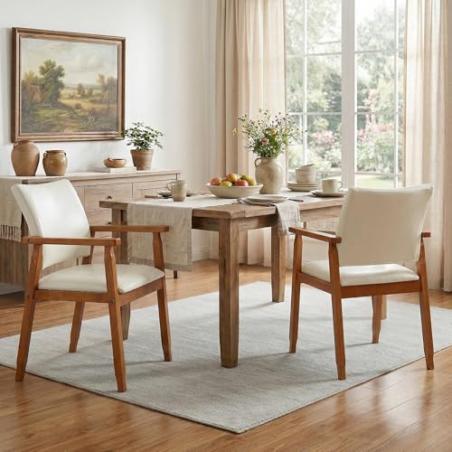 NOBPEINT Mid-Century Modern Dining Chairs with Armrest Set of 2, PU Leather Upholstered Dining Room Chairs with Solid Wood Frame, Walnut Kitchen Armchairs for Kitchen Living Room Restaurant, Beige