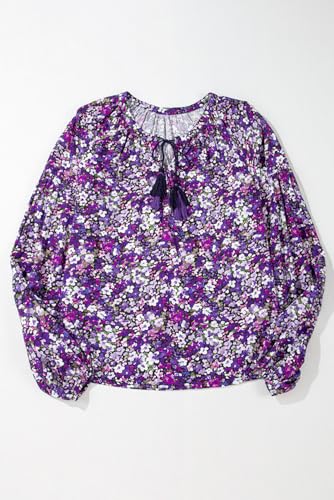 Purple Boho Flower Split V Neck Bubble Sleeve Blouse4