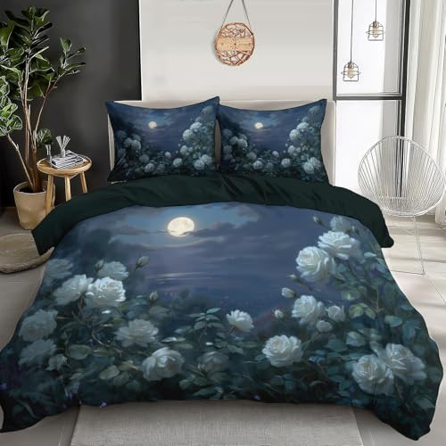 SMBHIAON Set Copripiumino Matrimoniale Copripiumino 3 Pezzi In Microfibra Con Cespugli Rose Bianche Al Chiaro Luna,Romanzo Realistico Comprendente 1 Copripiuminos 200X200Cm+2 Federe,Blu Nebbia