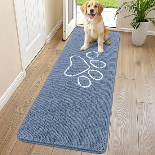 Image of Smiry Dog Door Mat for Muddy Paws, Absorbent Dirt Trapper Non Slip Quick Dry Washable Chenille Mat for Mud Dogs, Entry Rug for Indoor and Outdoor (70x24 Inches, Airy Blue and White)