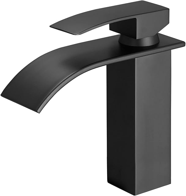 BESy Waterfall Spout Bathroom Sink Mixer Taps,Single Handle Basin Mixer Tap, Rv Lavatory Vessel Faucet,Stainless Steel,Matte Black