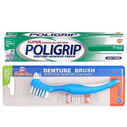 Poligrip Super Denture Adhesive Zinc Free for Full and Partial Dentures 2.4 Oz Bundle with Dentu-Care Denture Brush for Maintaining Good Oral Care of Full/Partial Dentures