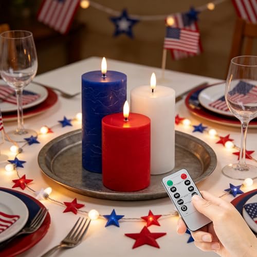 Image of LUSHARBOR Red White Blue Flameless Candles with Remote, 4th of July Battery Operated Candles, 3pcs LED Patriotic Candles for Home Party Centerpiece Holiday Decor